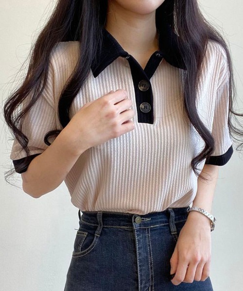 NANAHACHI（ナナハチ）の「ポロ配色リブトップス（Tシャツ/カットソー・レディース・ベージュ/ブラック/スカイブルー/アイボリー・FREE）」の11枚目の写真