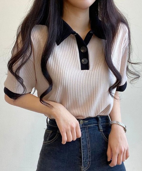 NANAHACHI（ナナハチ）の「ポロ配色リブトップス（Tシャツ/カットソー・レディース・ベージュ/ブラック/スカイブルー/アイボリー・FREE）」の12枚目の写真