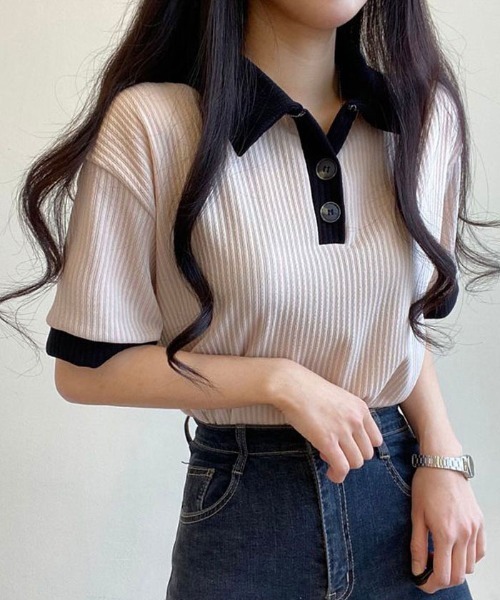 NANAHACHI（ナナハチ）の「ポロ配色リブトップス（Tシャツ/カットソー・レディース・ベージュ/ブラック/スカイブルー/アイボリー・FREE）」の13枚目の写真