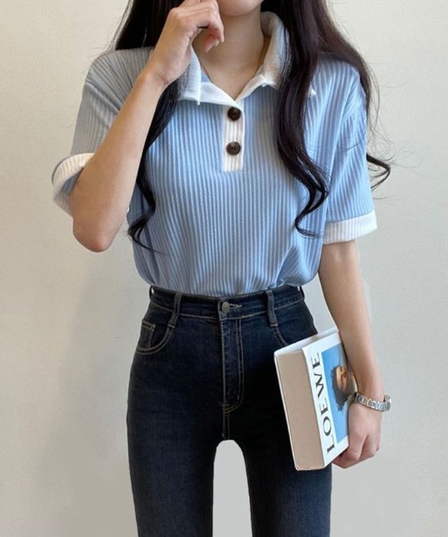 NANAHACHI（ナナハチ）の「ポロ配色リブトップス（Tシャツ/カットソー・レディース・ベージュ/ブラック/スカイブルー/アイボリー・FREE）」の14枚目の写真