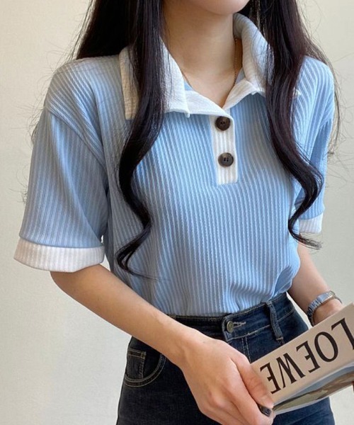 NANAHACHI（ナナハチ）の「ポロ配色リブトップス（Tシャツ/カットソー・レディース・ベージュ/ブラック/スカイブルー/アイボリー・FREE）」の15枚目の写真