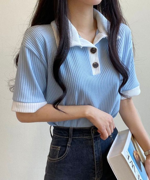NANAHACHI（ナナハチ）の「ポロ配色リブトップス（Tシャツ/カットソー・レディース・ベージュ/ブラック/スカイブルー/アイボリー・FREE）」の16枚目の写真