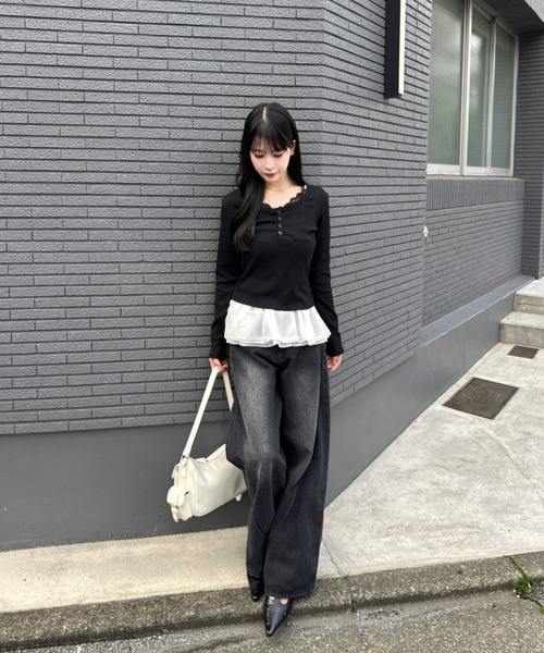 ネイビー ラップスカート フリル付き ボトムにレイヤードして一気に今っぽ！コットン巻きスカート