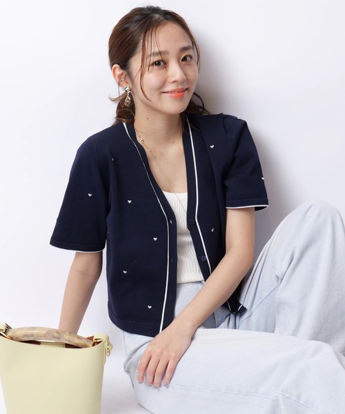新品　JUSGLITTY ハート刺繍半袖カーデ ネイビー JUSGLITTY（ジャスグリッティー）の「ハート刺繡半袖カーデ
