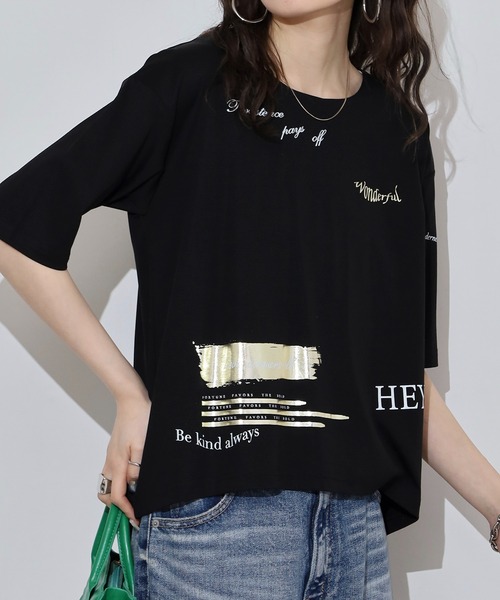 Anna Nicola（アンナニコラ）の「Anna Nicola ランダムプリント半袖Tシャツ 箔プリントカットソー（Tシャツ/カットソー・レディース・チャコールグレー/ブラック/オフホワイト・38）」の2枚目の写真