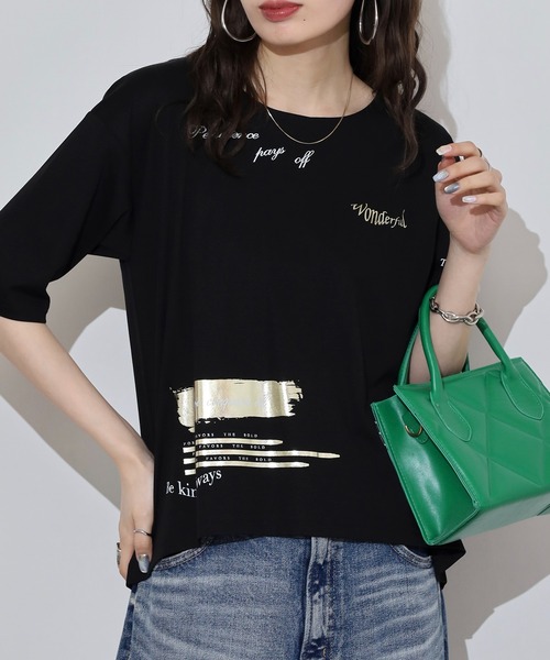 Anna Nicola（アンナニコラ）の「Anna Nicola ランダムプリント半袖Tシャツ 箔プリントカットソー（Tシャツ/カットソー・レディース・チャコールグレー/ブラック/オフホワイト・38）」の9枚目の写真
