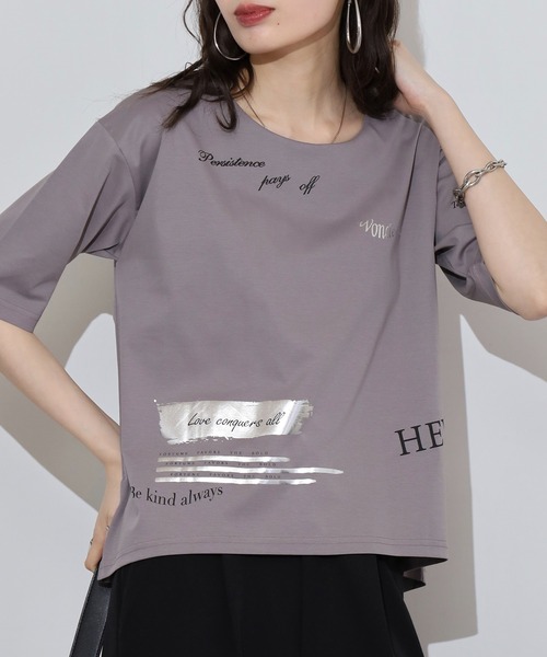 Anna Nicola（アンナニコラ）の「Anna Nicola ランダムプリント半袖Tシャツ 箔プリントカットソー（Tシャツ/カットソー・レディース・チャコールグレー/ブラック/オフホワイト・38）」の12枚目の写真