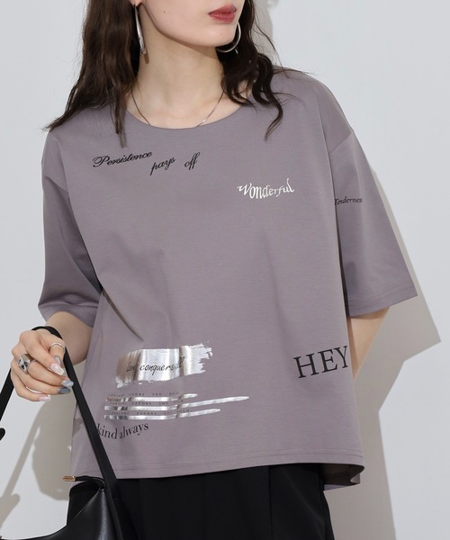 Anna Nicola（アンナニコラ）の「Anna Nicola ランダムプリント半袖Tシャツ 箔プリントカットソー（Tシャツ/カットソー・レディース・チャコールグレー/ブラック/オフホワイト・38）」の14枚目の写真