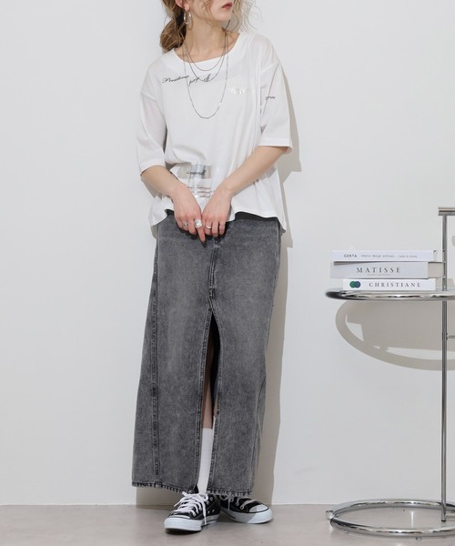 Anna Nicola（アンナニコラ）の「Anna Nicola ランダムプリント半袖Tシャツ 箔プリントカットソー（Tシャツ/カットソー・レディース・チャコールグレー/ブラック/オフホワイト・38）」の7枚目の写真