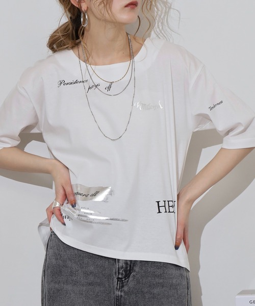 Anna Nicola（アンナニコラ）の「Anna Nicola ランダムプリント半袖Tシャツ 箔プリントカットソー（Tシャツ/カットソー・レディース・チャコールグレー/ブラック/オフホワイト・38）」の6枚目の写真