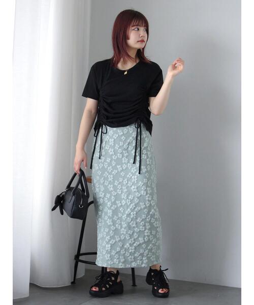 ehka sopo（エヘカソポ）の「花膨れジャカードナロースカート（スカート・レディース・サックスブルー/ミント/ブラック・F）」の5枚目の写真