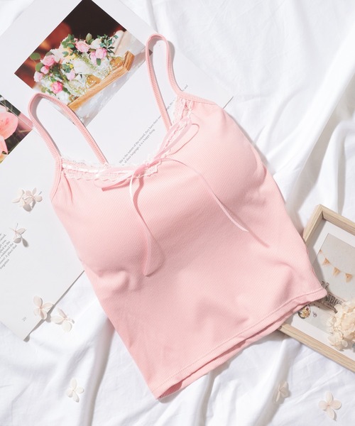 セール】レース リボン カップ付き リブ キャミソール（キャミソール
