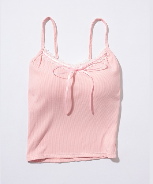 リボン付きピンクキャミソール セール】レース リボン カップ付き リブ キャミソール（キャミソール