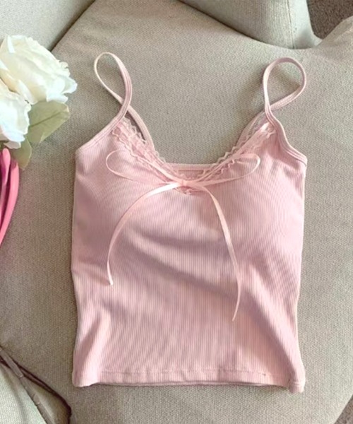 セール】レース リボン カップ付き リブ キャミソール（キャミソール