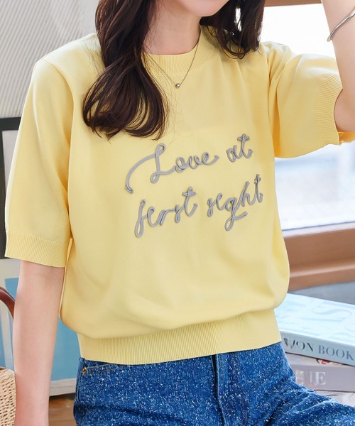 KOBE LETTUCE(コウベレタス)の「コード刺繍サマーニットトップス(ニット/セーター・レディース・ピンク/イエロー/ネイビー/アイボリー・M)」の1枚目の写真