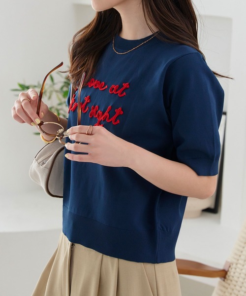 KOBE LETTUCE(コウベレタス)の「コード刺繍サマーニットトップス(ニット/セーター・レディース・ピンク/イエロー/ネイビー/アイボリー・M)」の7枚目の写真