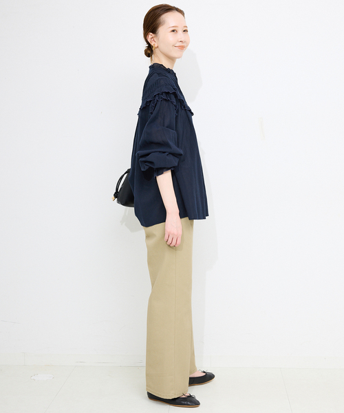 SLOBE IENA フリルピンタックブラウス　ネイビー スローブ イエナ SLOBE IENA 《WEB限定/追加2予約》フリル