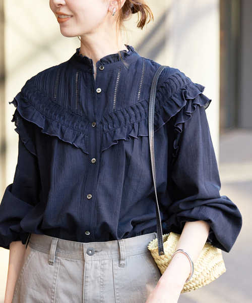 SLOBE IENA フリルピンタックブラウス　ネイビー WEB限定/追加2》フリルピンタックブラウス | スローブ イエナ