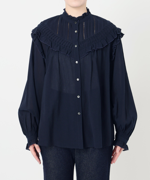 SLOBE IENA フリルピンタックブラウス　ネイビー スローブ イエナ SLOBE IENA 《WEB限定》フリルピンタック