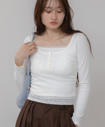 レイヤードヘンリーカットソー / 秋服 レイヤード風 韓国 シティーガール ガーリー グレー ホワイト イエロー