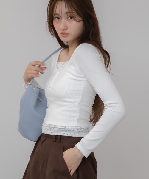 HEILIS(ヘイリス)の「レイヤードヘンリーカットソー / 秋服 レイヤード風 韓国 シティーガール ガーリー グレー ホワイト イエロー(Tシャツ/カットソー・レディース・イエロー/ホワイト/グレー・FREE)」の13枚目の写真