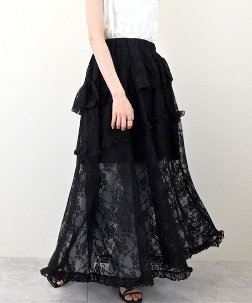 フリル付き黒と花柄スカート　　サイズM Pinkoz デザイナー黒花柄ハイウエストフリルマキシロング