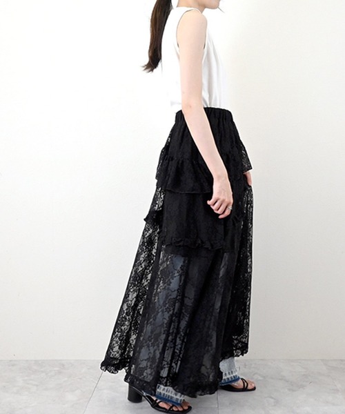 花柄フリルスカート 黒と白 花柄スカート 裏地付き Aラインスカート[品番：AGCW0004525