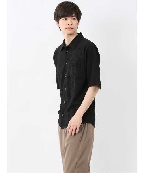 m.f.editorial（エムエフエディトリアル）の「【接触冷感 ストレッチ】m.f.エディトリアル メンズ 格子柄ジャガード 半袖 シャツ（シャツ/ブラウス・メンズ・ブラック/グレー系その他2・MEDIUM/LARGE/X-LARGE）」の5枚目の写真