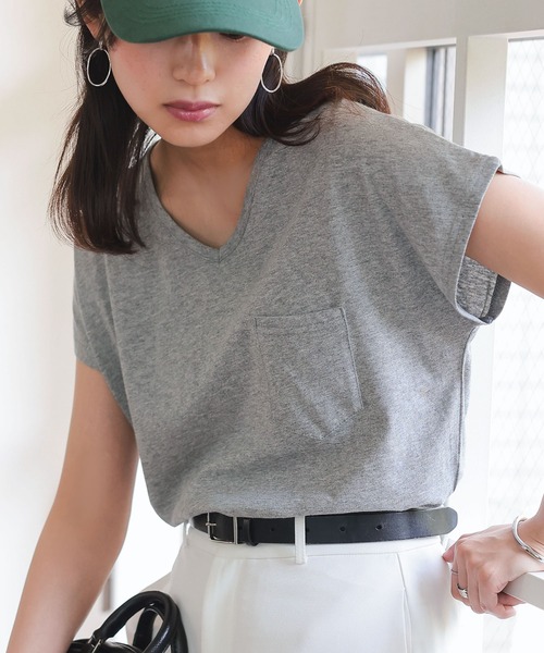 KOBE LETTUCE（コウベレタス）の「[ M L XL 汗じみ防止＆UVカット ] ポケット付きVネックTシャツ（Tシャツ/カットソー・レディース・ブラック/オフホワイト/杢グレー/ネイビー/ダークカーキ/ライトオレンジ系/アイボリー・M/XL/L）」の21枚目の写真