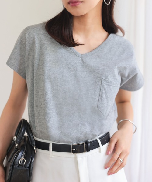 KOBE LETTUCE（コウベレタス）の「[ M L XL 汗じみ防止＆UVカット ] ポケット付きVネックTシャツ（Tシャツ/カットソー・レディース・ブラック/オフホワイト/杢グレー/ネイビー/ダークカーキ/ライトオレンジ系/アイボリー・M/XL/L）」の20枚目の写真