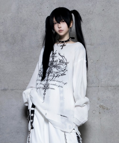 Amilige ダメージガーゼトップス ホワイト クロスロゴプリントダメージガーゼトップス（Tシャツ/カットソー