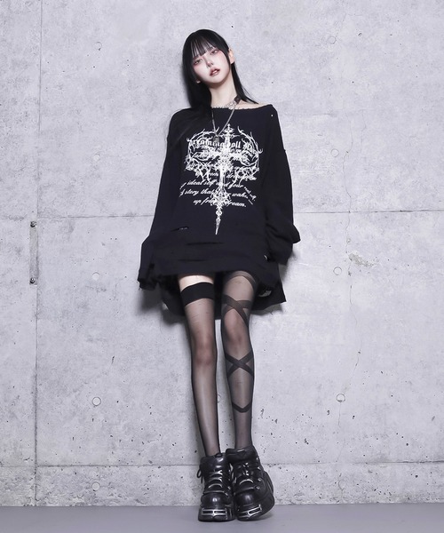 クロスロゴプリントダメージガーゼトップス（Tシャツ/カットソー