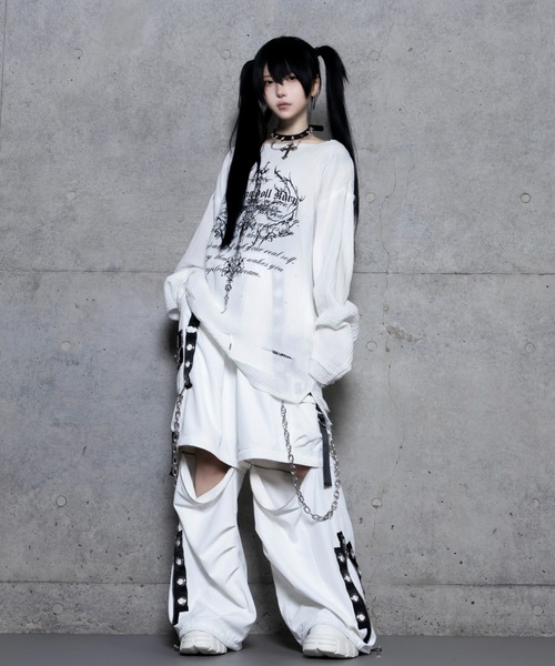 Amilige ダメージガーゼトップス ホワイト クロスロゴプリントダメージガーゼトップス（Tシャツ/カットソー