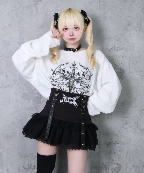 Amilige（アミリージュ）の「クロスロゴプリントダメージガーゼトップス（Tシャツ/カットソー・レディース・ホワイト/ブラック・FREE）」の9枚目の写真