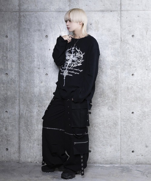 Amilige　ダメージガーゼ Amilige tシャツ クロスロゴプリントダメージガーゼトップス