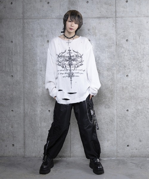 Amilige ダメージガーゼトップス ホワイト クロスロゴプリントダメージガーゼトップス（Tシャツ/カットソー