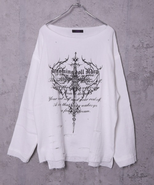 クロスロゴプリントダメージガーゼトップス（Tシャツ/カットソー