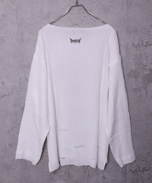 Amilige　ダメージガーゼ Amilige tシャツ クロスロゴプリントダメージガーゼトップス