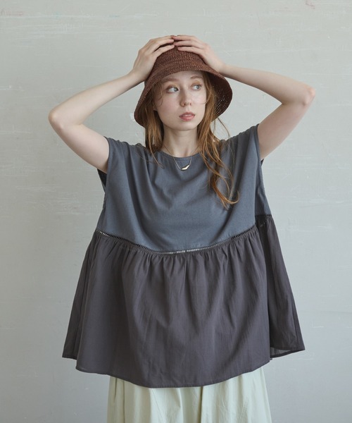 Crisp（クリスプ）の「フレンチスリーブコンビTシャツ（Tシャツ/カットソー・レディース・チャコールグレー/ブラウン・FREE）」の2枚目の写真