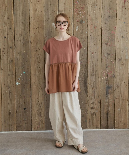 Crisp（クリスプ）の「フレンチスリーブコンビTシャツ（Tシャツ/カットソー・レディース・チャコールグレー/ブラウン・FREE）」の12枚目の写真