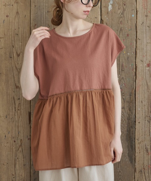 Crisp（クリスプ）の「フレンチスリーブコンビTシャツ（Tシャツ/カットソー・レディース・チャコールグレー/ブラウン・FREE）」の15枚目の写真