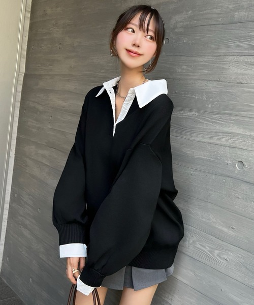 ワンホン女子のAWトレンド♪シャツ襟ドッキングポロニットプル