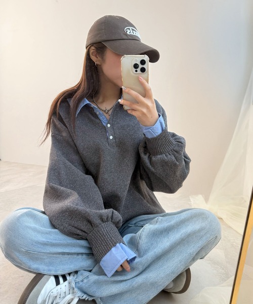 CHARME BY MICOLA（シャルムバイミコラ）の「ワンホン女子のAWトレンド♪シャツ襟ドッキングポロニットプルオーバー（ニット/セーター・レディース・ブラック/グレー・FREE）」の4枚目の写真