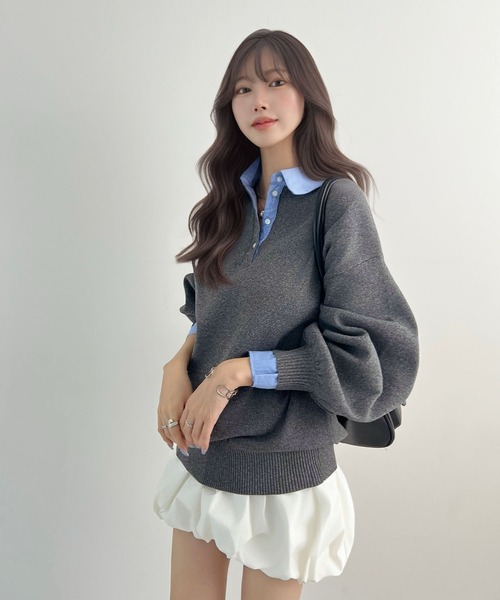 CHARME BY MICOLA（シャルムバイミコラ）の「ワンホン女子のAWトレンド♪シャツ襟ドッキングポロニットプルオーバー（ニット/セーター・レディース・ブラック/グレー・FREE）」の5枚目の写真