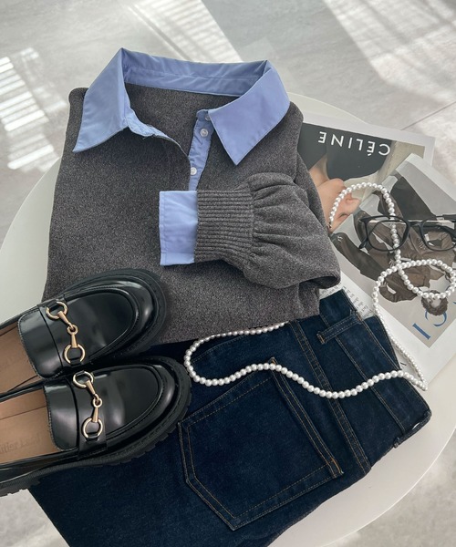 CHARME BY MICOLA（シャルムバイミコラ）の「ワンホン女子のAWトレンド♪シャツ襟ドッキングポロニットプルオーバー（ニット/セーター・レディース・ブラック/グレー・FREE）」の13枚目の写真