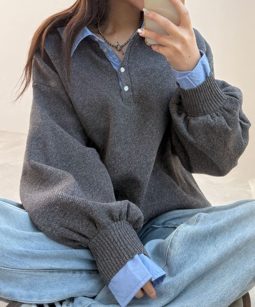 CHARME BY MICOLA（シャルムバイミコラ）の「ワンホン女子のAWトレンド♪シャツ襟ドッキングポロニットプルオーバー（ニット/セーター・レディース・ブラック/グレー・FREE）」の19枚目の写真