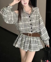 カットアウトデザイン オフホワイトチェックミニ丈ワンピース