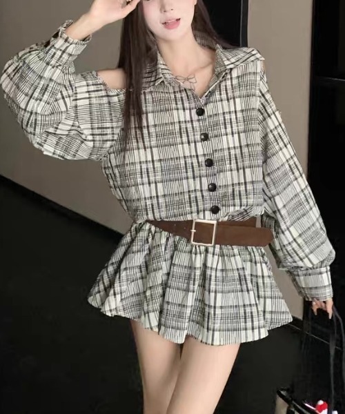 gossip!ロサンゼルス(ゴシップロサンゼルス)の「カットアウトデザイン オフホワイトチェックミニ丈ワンピース(シャツワンピース・レディース・ブラウン/オフホワイト・L/M)」の1枚目の写真