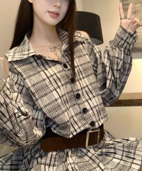 gossip!ロサンゼルス(ゴシップロサンゼルス)の「カットアウトデザイン オフホワイトチェックミニ丈ワンピース(シャツワンピース・レディース・ブラウン/オフホワイト・L/M)」の14枚目の写真