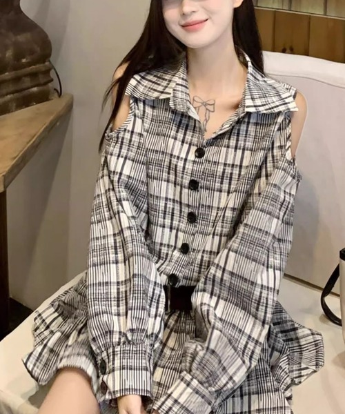 gossip!ロサンゼルス(ゴシップロサンゼルス)の「カットアウトデザイン オフホワイトチェックミニ丈ワンピース(シャツワンピース・レディース・ブラウン/オフホワイト・L/M)」の15枚目の写真